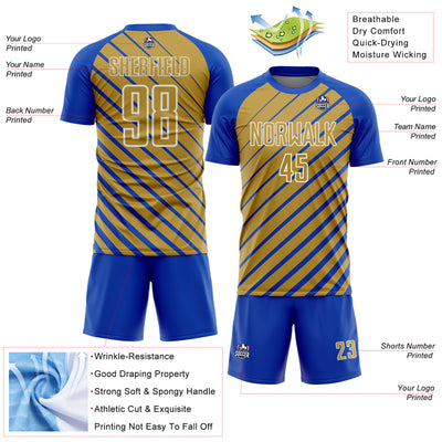 Custom Thunder Blue Old Gold-White Lines Sublimation Soccer Uniform Jersey