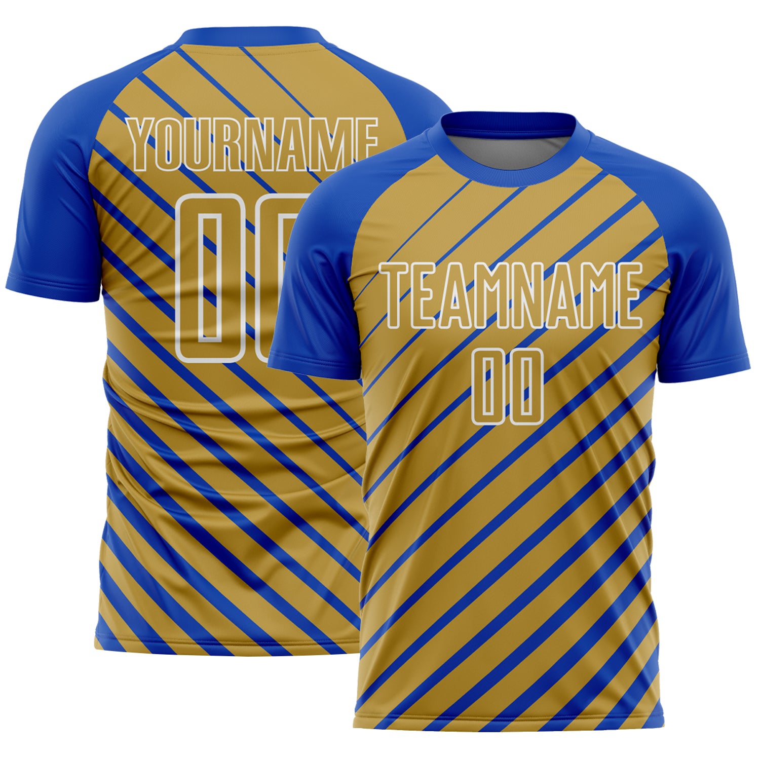 Custom Thunder Blue Old Gold-White Lines Sublimation Soccer Uniform Jersey