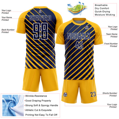 Custom Gold Navy-White Lines Sublimation Soccer Uniform Jersey