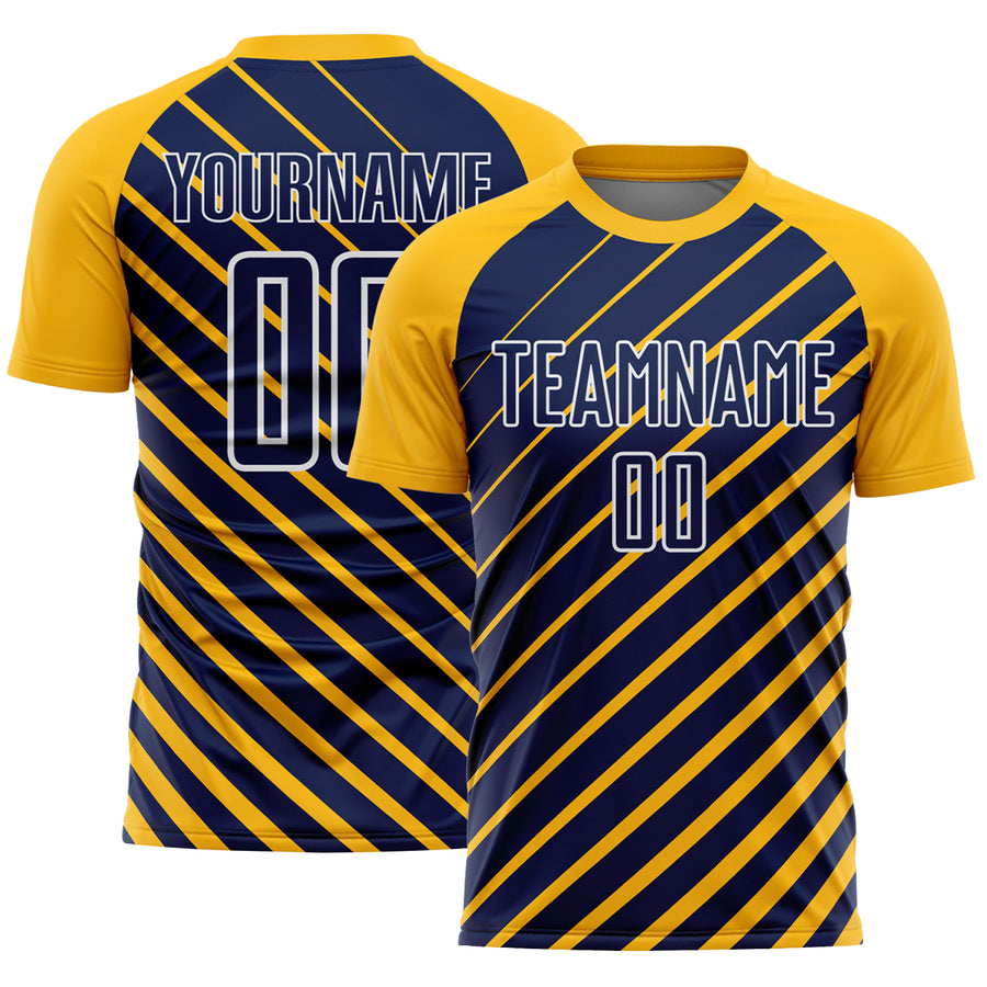 Custom Gold Navy-White Lines Sublimation Soccer Uniform Jersey
