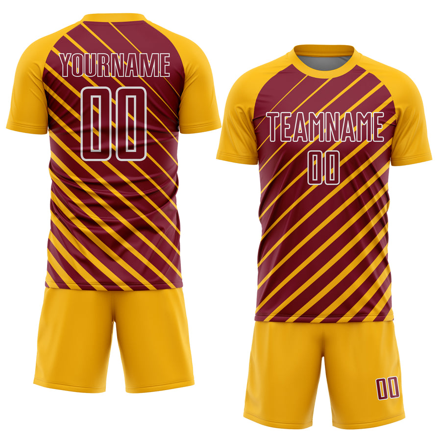 Custom Gold Crimson-White Lines Sublimation Soccer Uniform Jersey