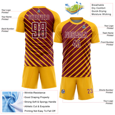 Custom Gold Crimson-White Lines Sublimation Soccer Uniform Jersey