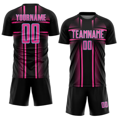 Custom Black Pink-Light Blue Lines Sublimation Soccer Uniform Jersey