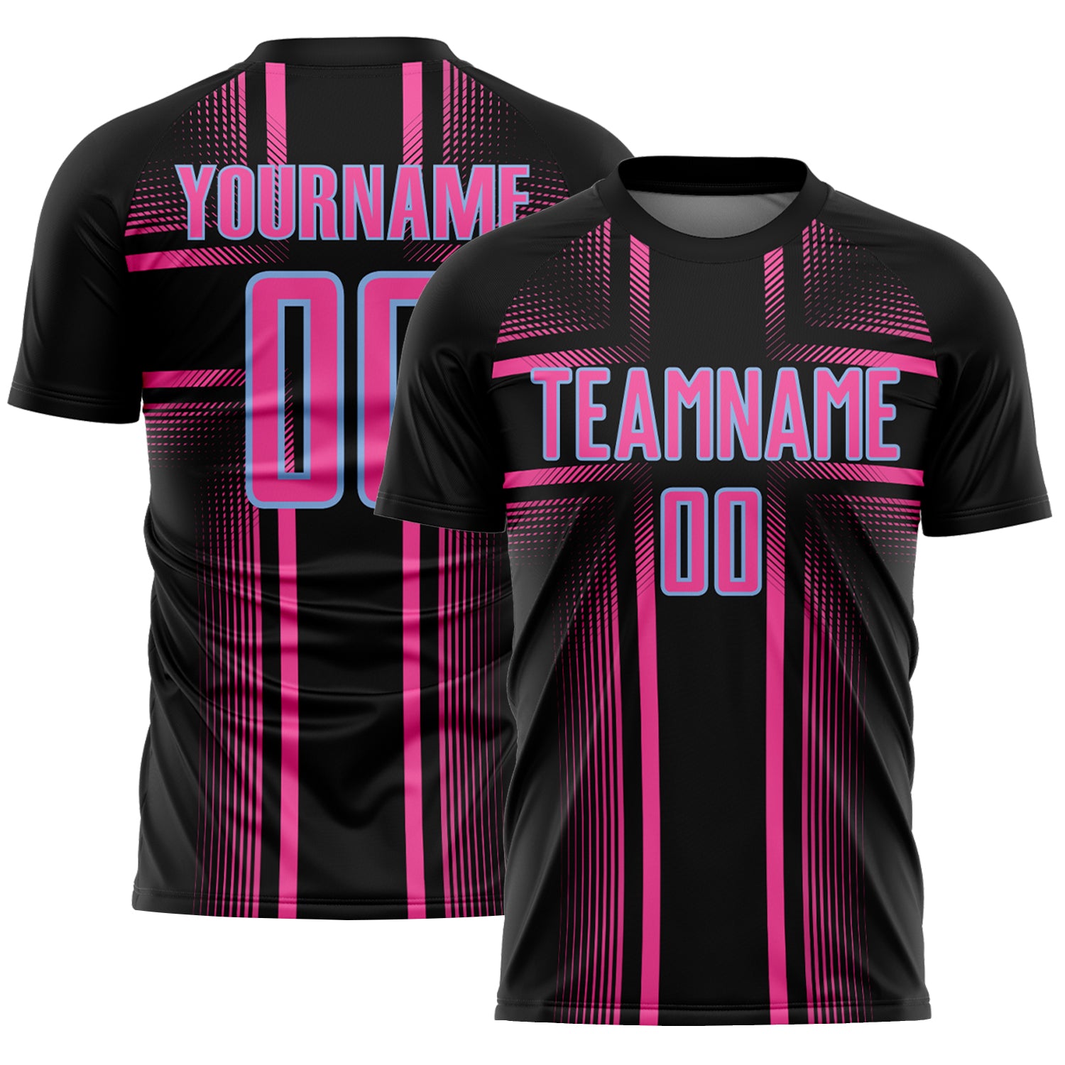 Custom Black Pink-Light Blue Lines Sublimation Soccer Uniform Jersey