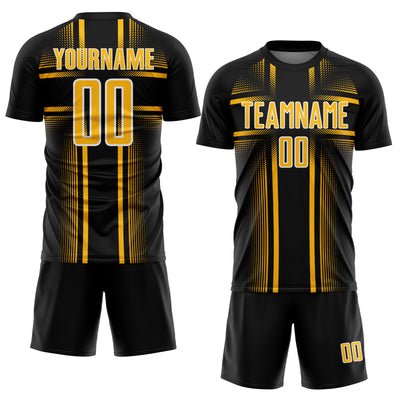 Custom Black Gold-White Lines Sublimation Soccer Uniform Jersey