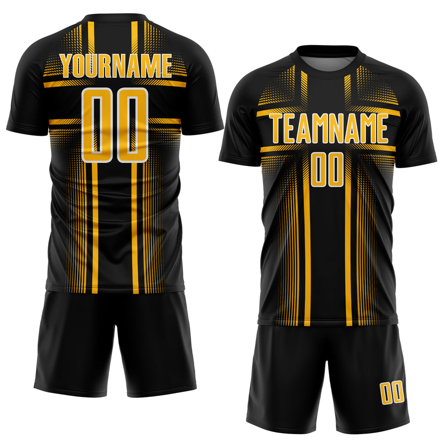 Custom Black Gold-White Lines Sublimation Soccer Uniform Jersey