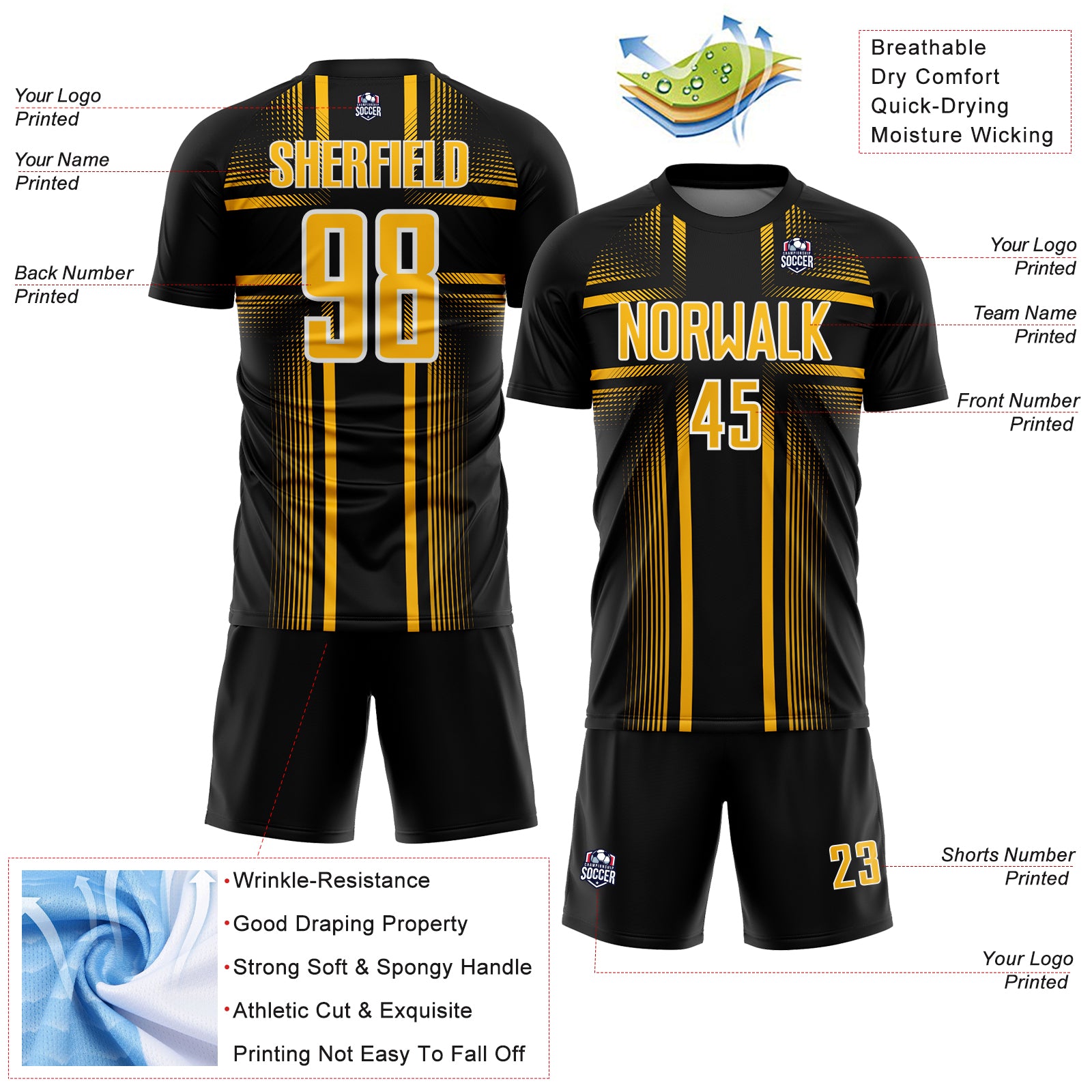 Custom Black Gold-White Lines Sublimation Soccer Uniform Jersey
