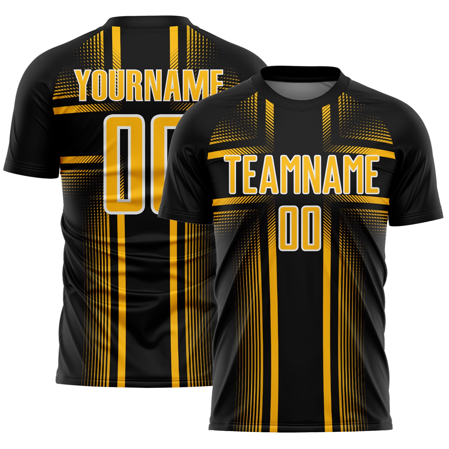 Custom Black Gold-White Lines Sublimation Soccer Uniform Jersey