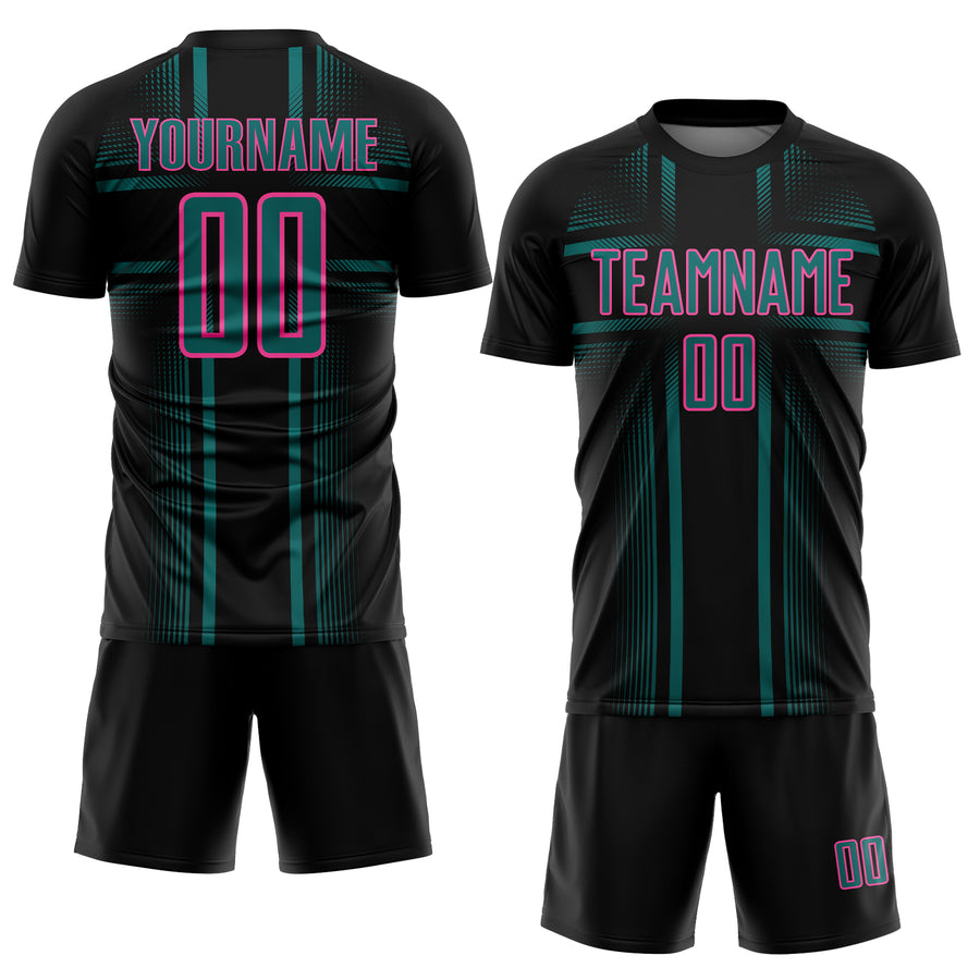Custom Black Teal-Pink Lines Sublimation Soccer Uniform Jersey