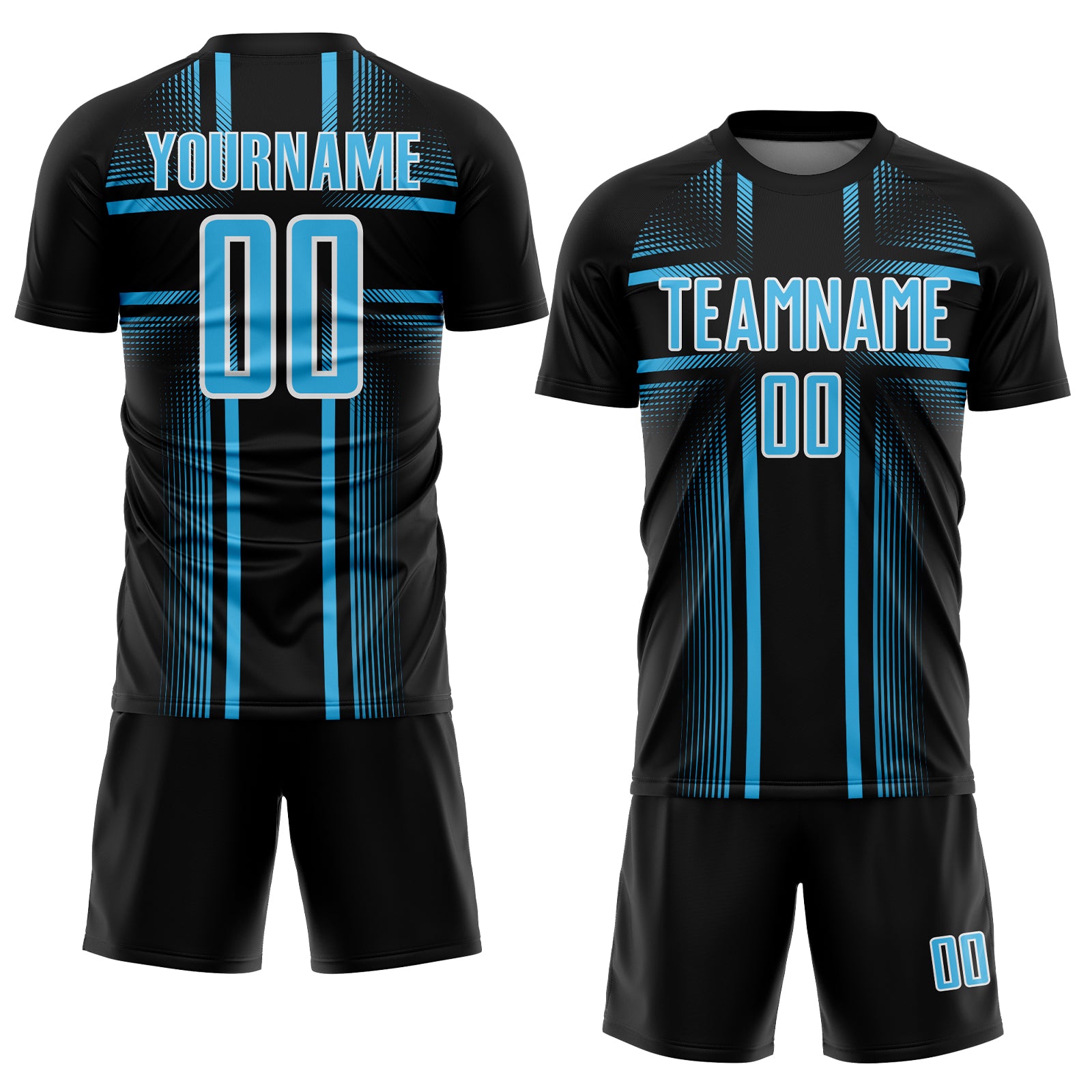 Custom Black Sky Blue-White Lines Sublimation Soccer Uniform Jersey