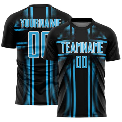 Custom Black Sky Blue-White Lines Sublimation Soccer Uniform Jersey