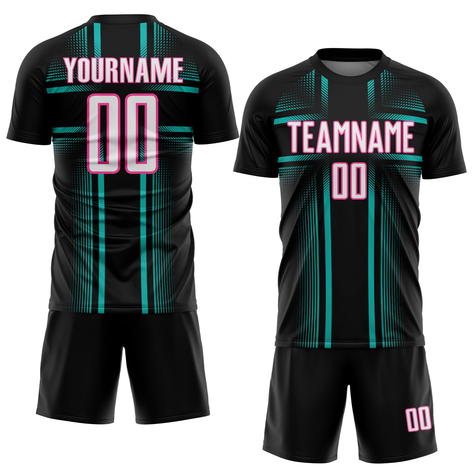 Custom Black White Aqua-Pink Lines Sublimation Soccer Uniform Jersey