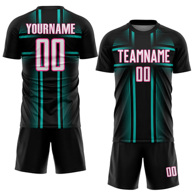 Custom Black White Aqua-Pink Lines Sublimation Soccer Uniform Jersey