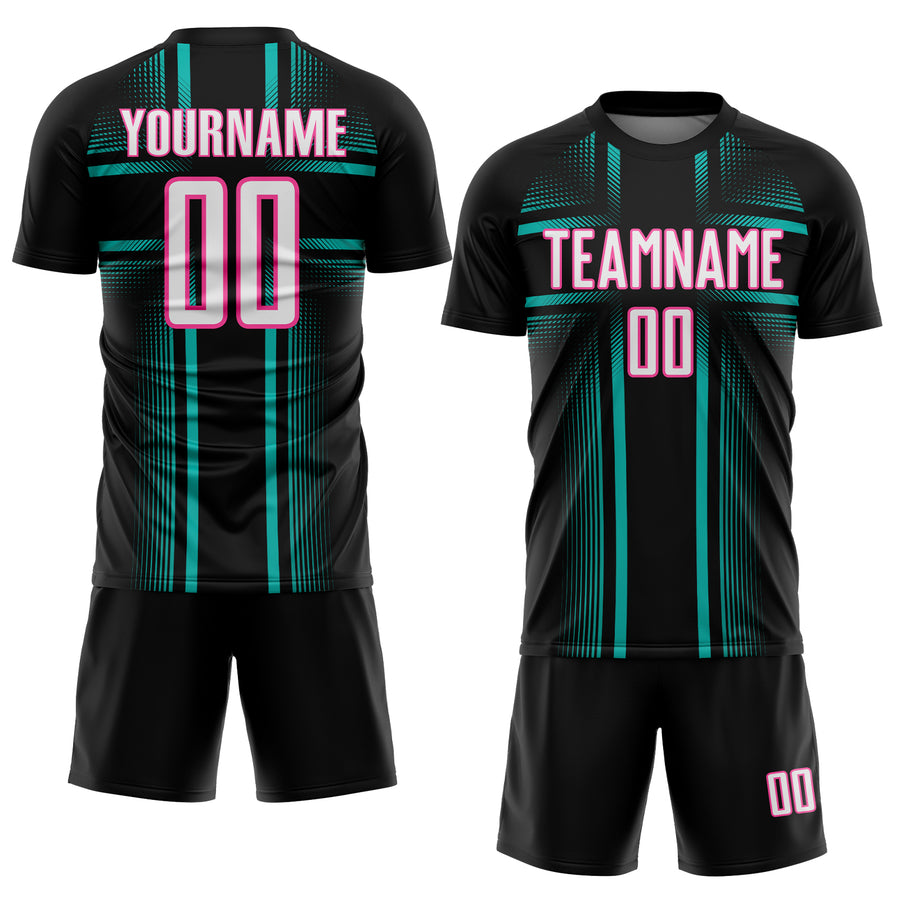 Custom Black White Aqua-Pink Lines Sublimation Soccer Uniform Jersey