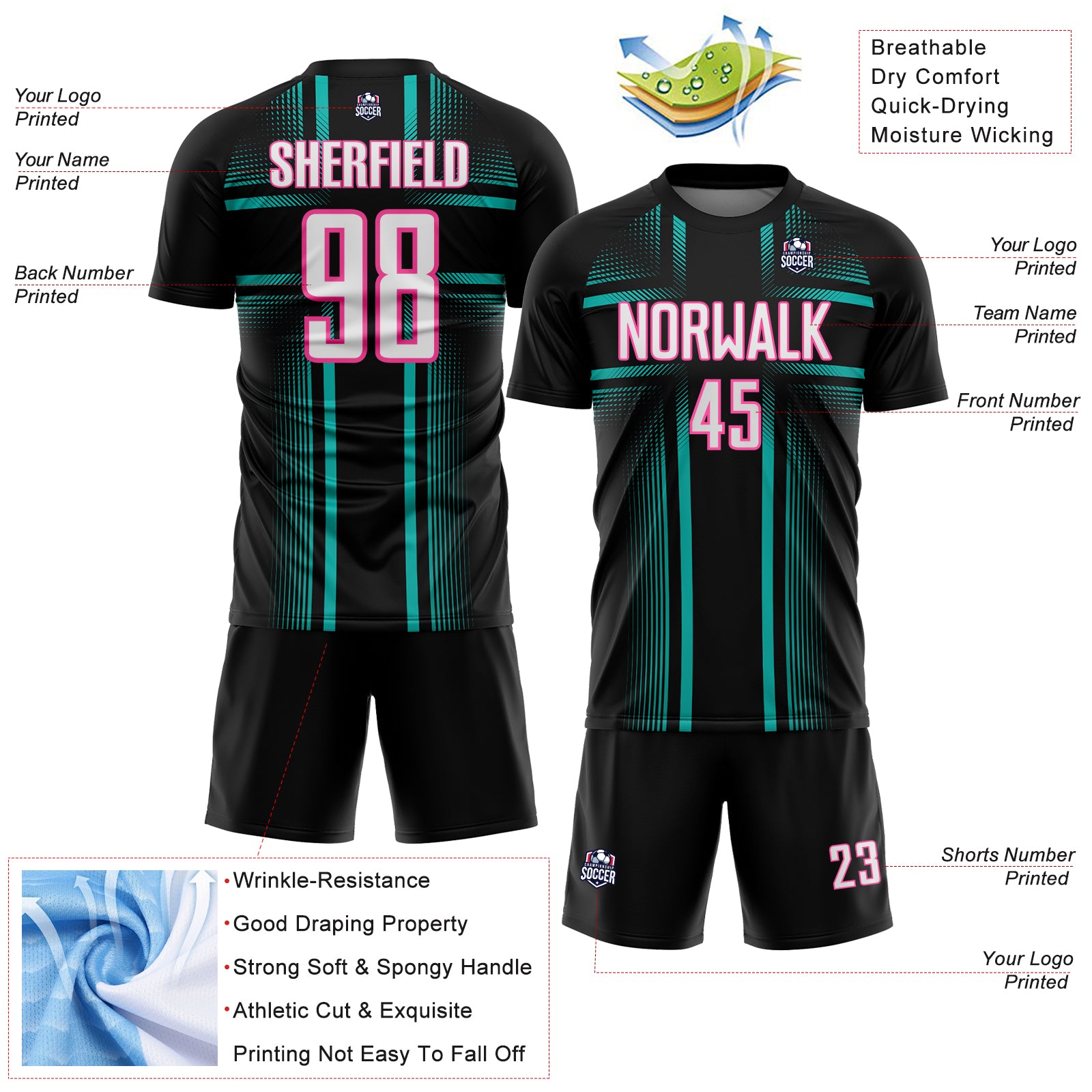 Custom Black White Aqua-Pink Lines Sublimation Soccer Uniform Jersey