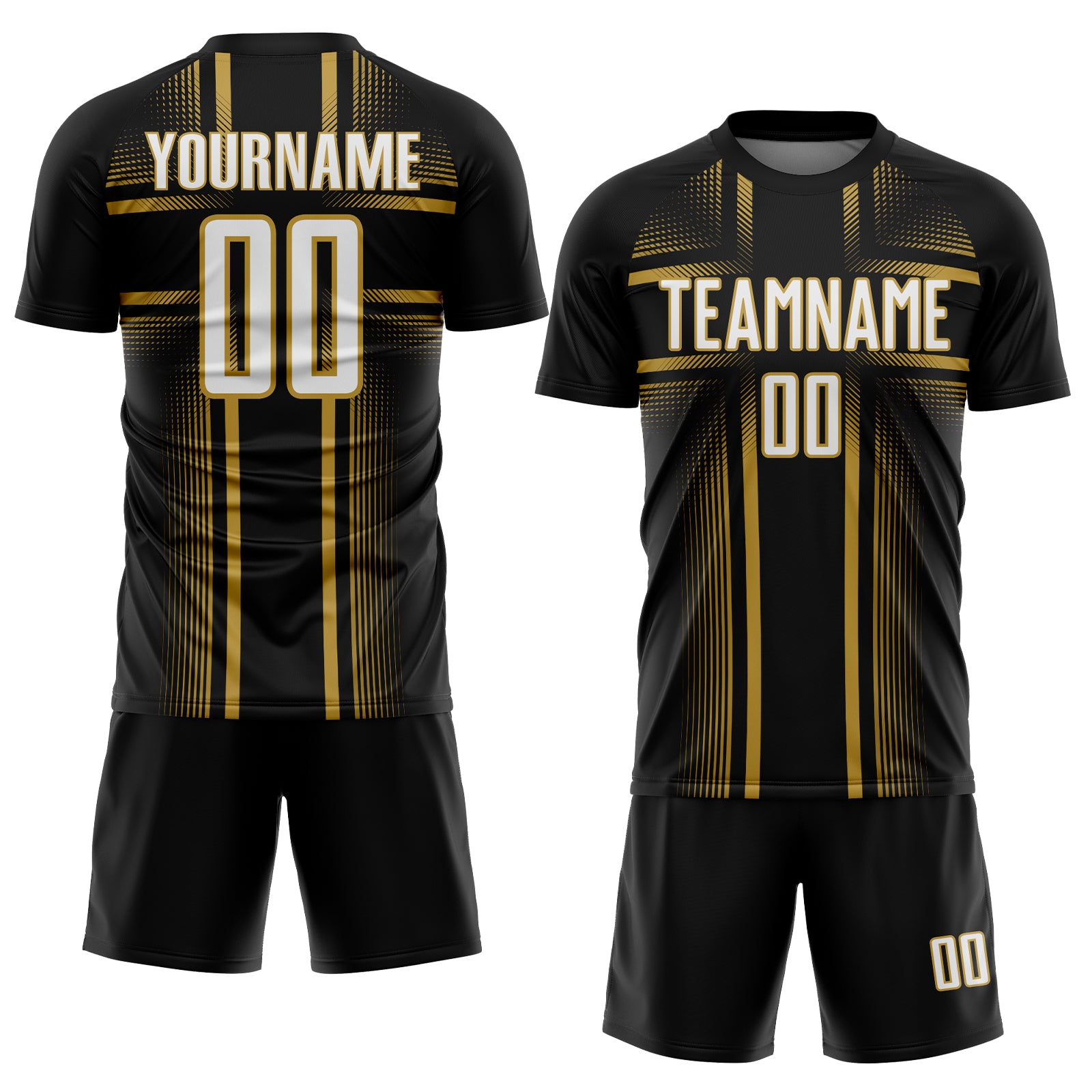 Custom Black White-Old Gold Lines Sublimation Soccer Uniform Jersey