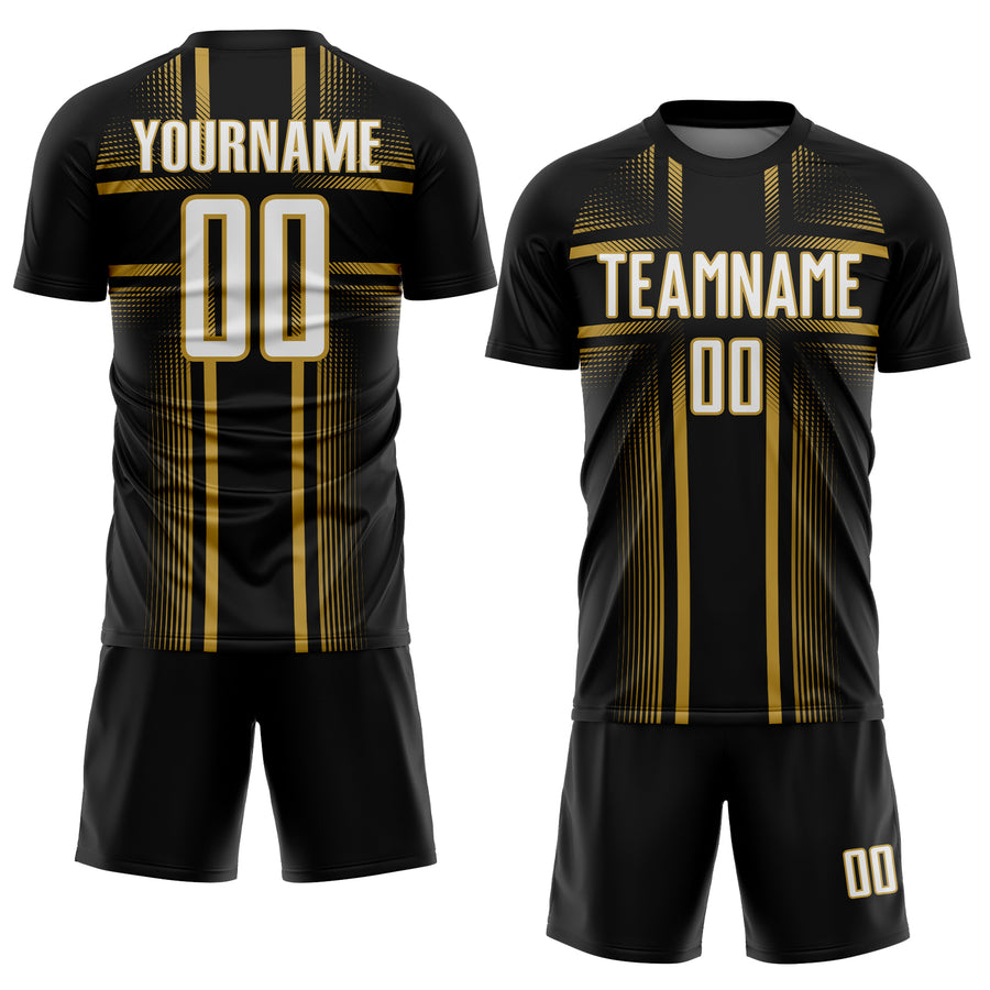 Custom Black White-Old Gold Lines Sublimation Soccer Uniform Jersey