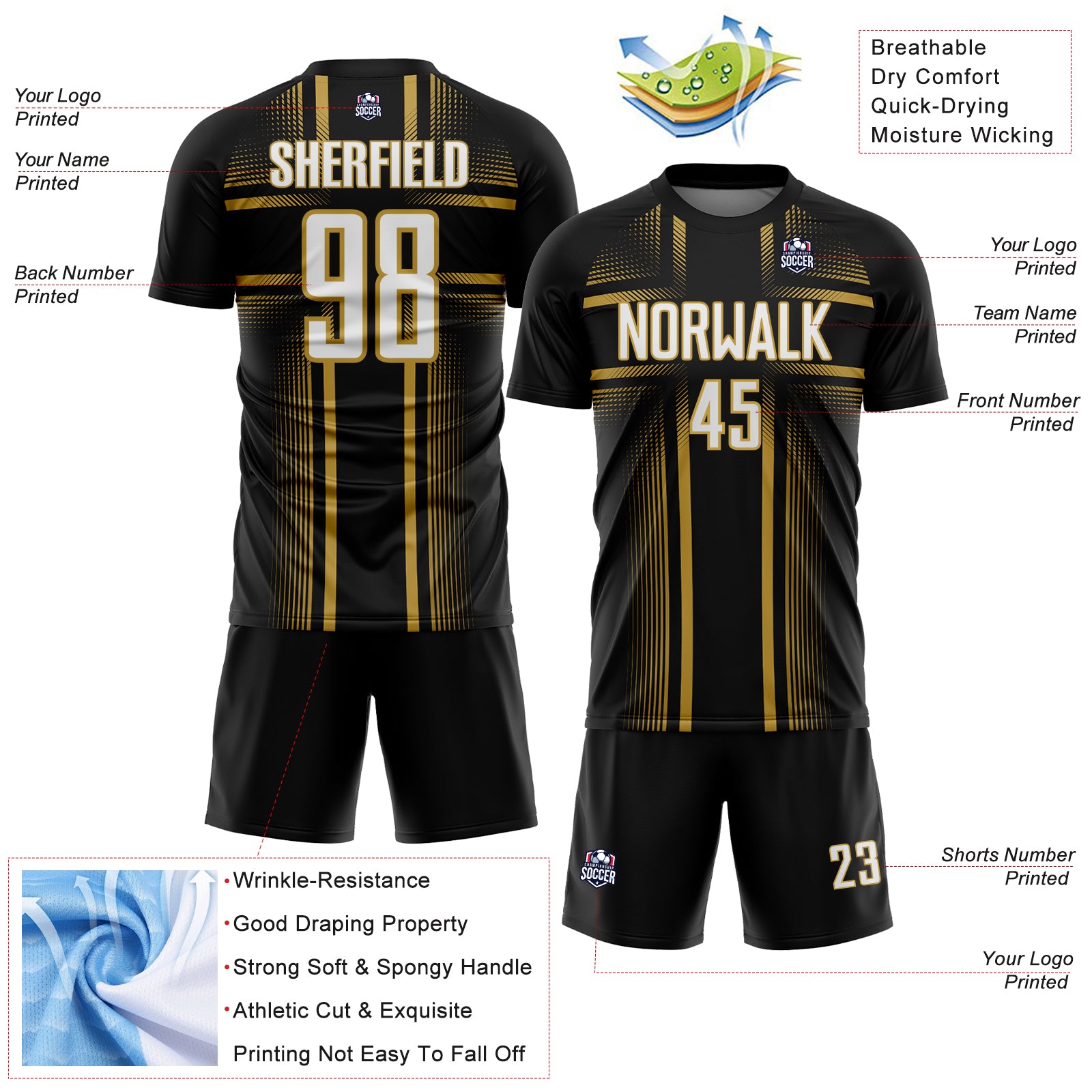 Custom Black White-Old Gold Lines Sublimation Soccer Uniform Jersey