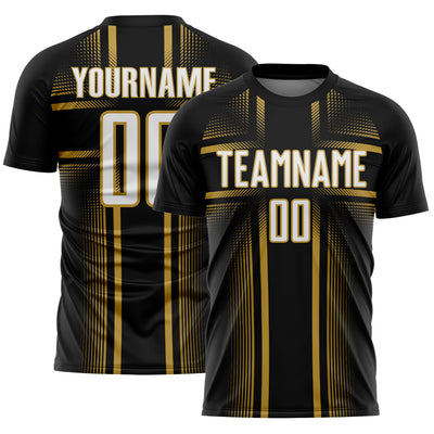 Custom Black White-Old Gold Lines Sublimation Soccer Uniform Jersey
