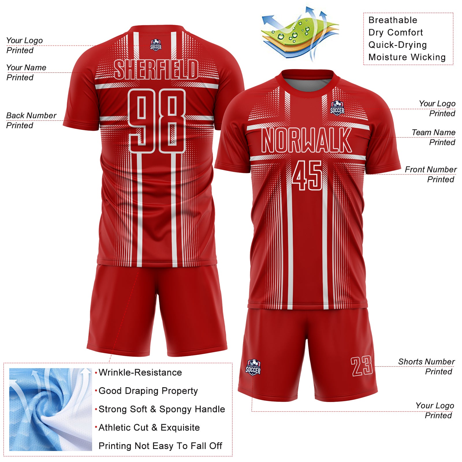 Custom Red White Lines Sublimation Soccer Uniform Jersey