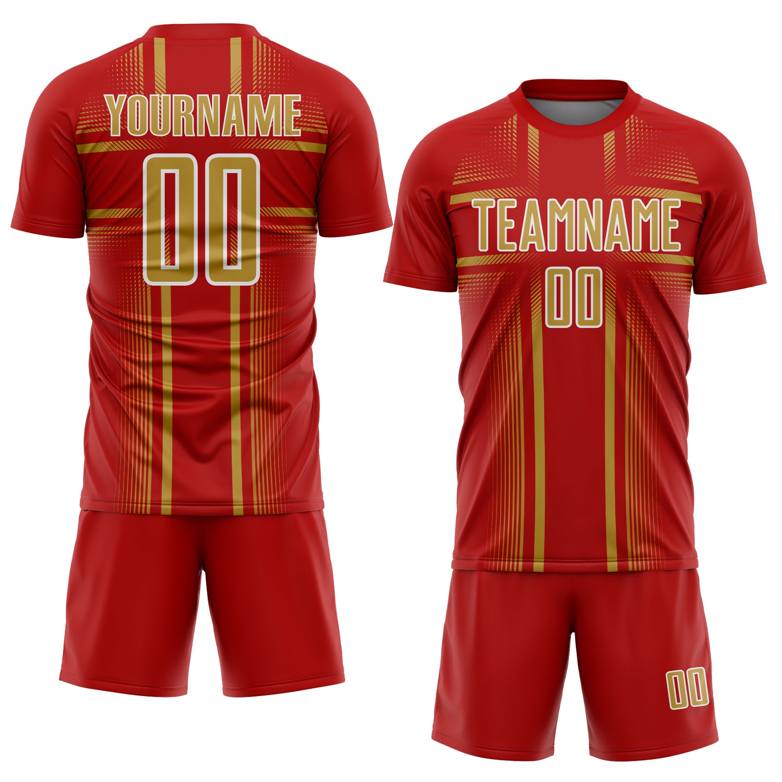Custom Red Old Gold-White Lines Sublimation Soccer Uniform Jersey