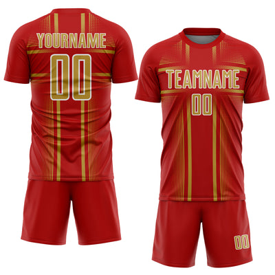 Custom Red Old Gold-White Lines Sublimation Soccer Uniform Jersey
