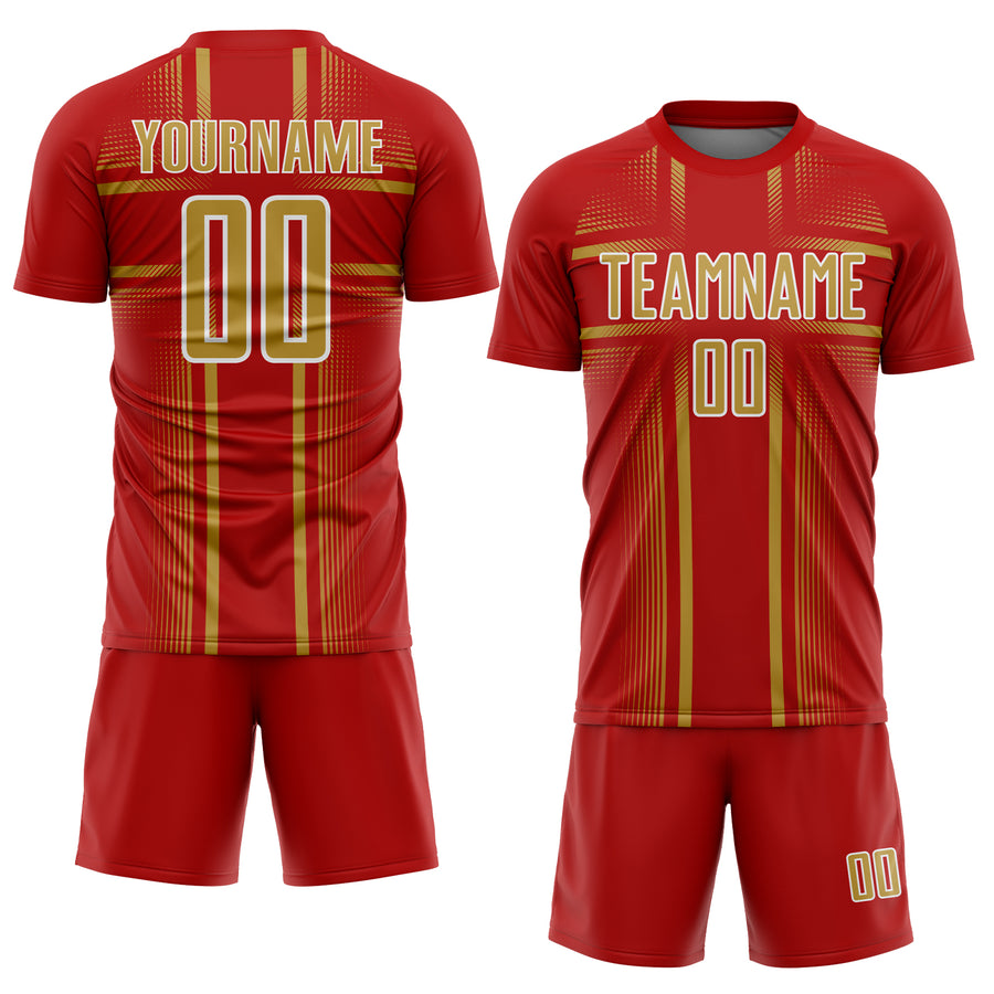 Custom Red Old Gold-White Lines Sublimation Soccer Uniform Jersey