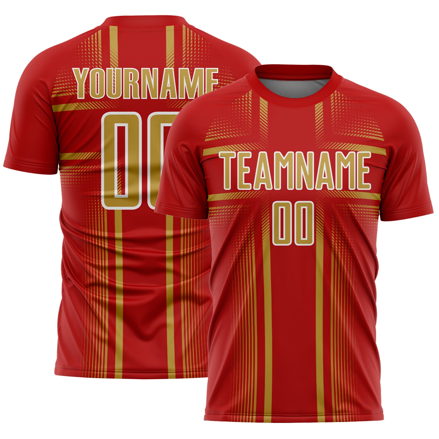 Custom Red Old Gold-White Lines Sublimation Soccer Uniform Jersey