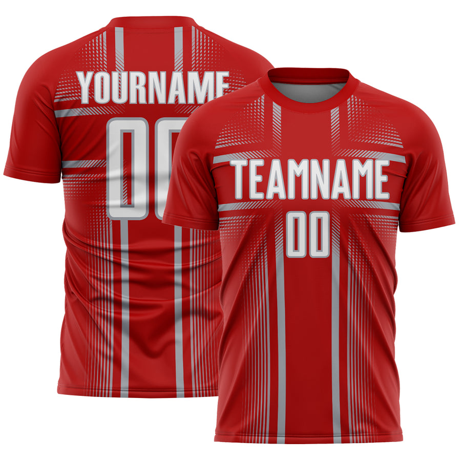 Custom Red White-Gray Lines Sublimation Soccer Uniform Jersey