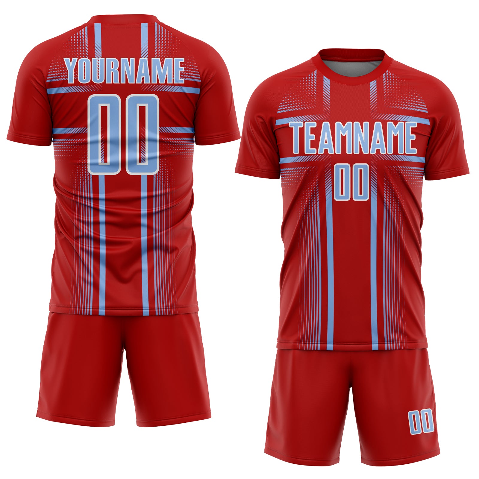 Custom Red Light Blue-White Lines Sublimation Soccer Uniform Jersey