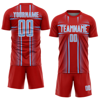 Custom Red Light Blue-White Lines Sublimation Soccer Uniform Jersey