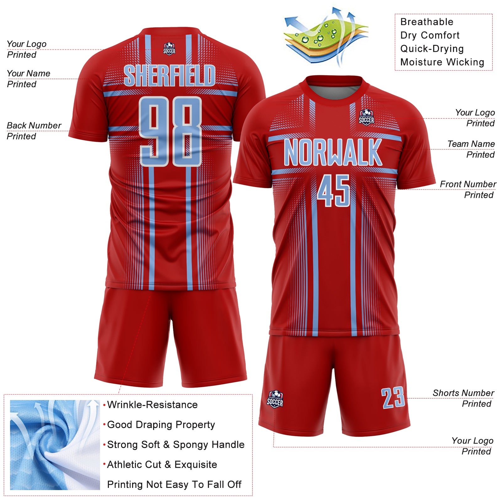 Custom Red Light Blue-White Lines Sublimation Soccer Uniform Jersey