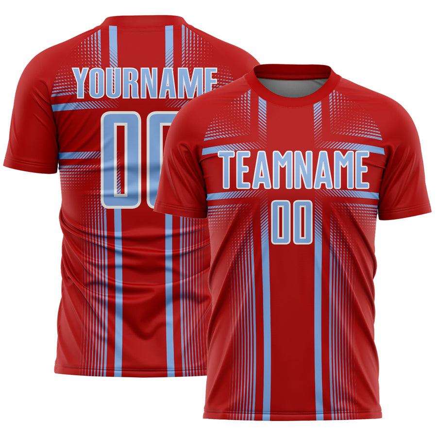 Custom Red Light Blue-White Lines Sublimation Soccer Uniform Jersey