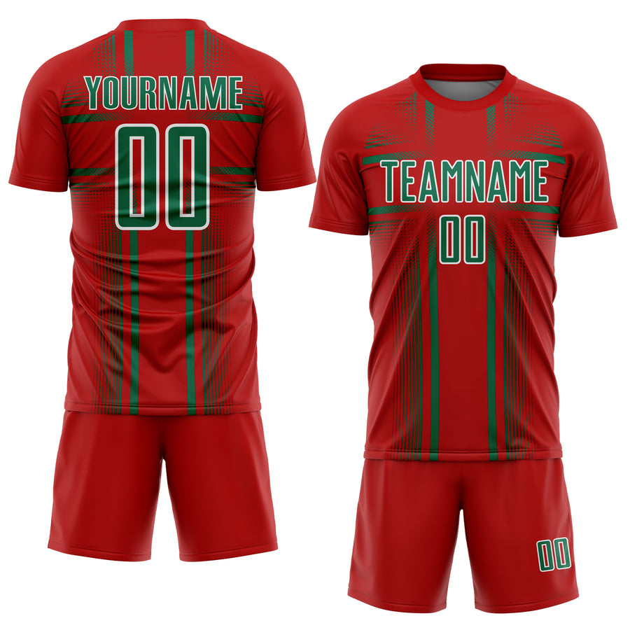 Custom Red Kelly Green-White Lines Sublimation Soccer Uniform Jersey