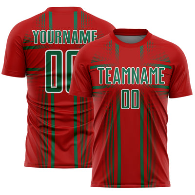 Custom Red Kelly Green-White Lines Sublimation Soccer Uniform Jersey