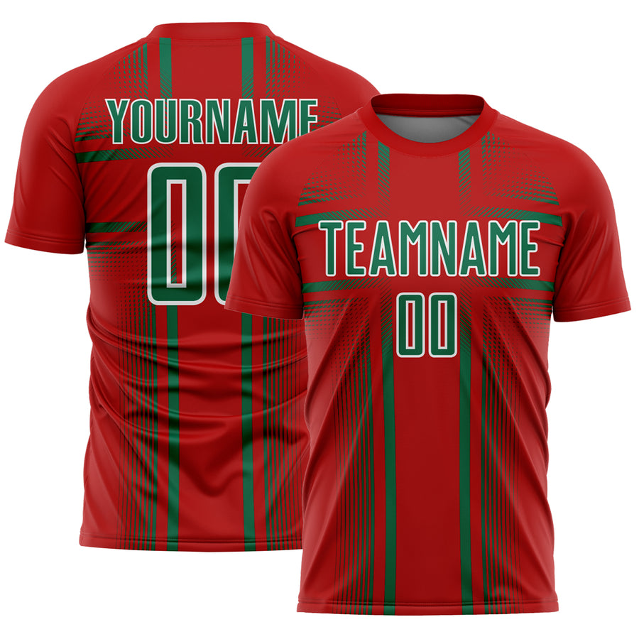 Custom Red Kelly Green-White Lines Sublimation Soccer Uniform Jersey