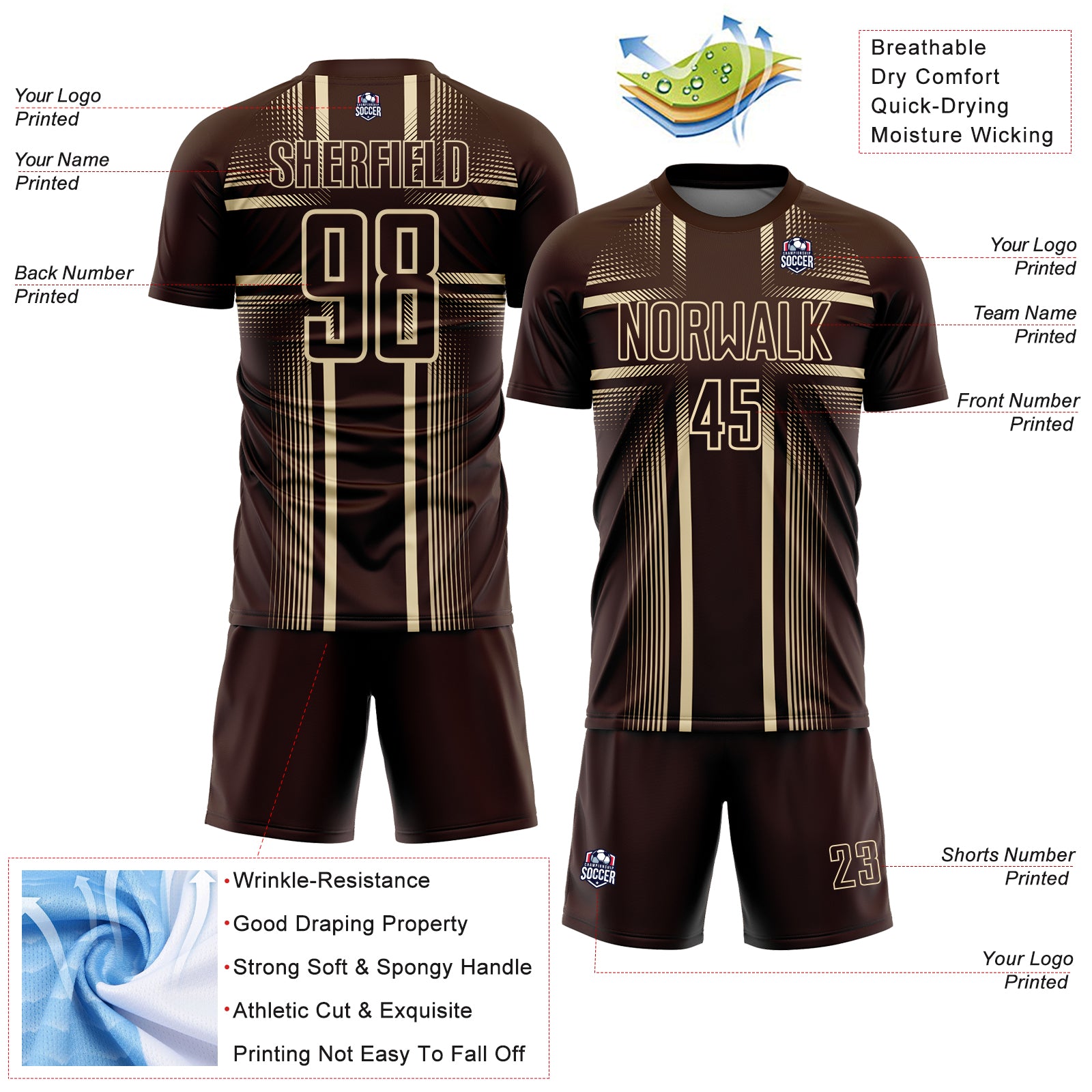 Custom Brown Cream Lines Sublimation Soccer Uniform Jersey