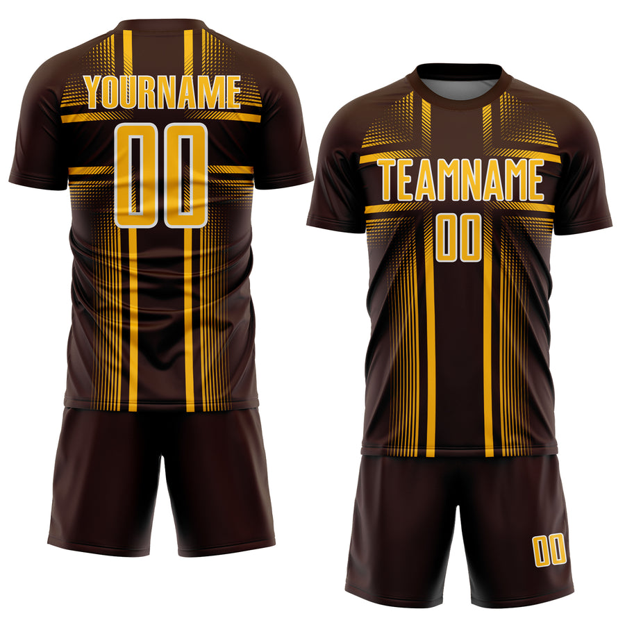 Custom Brown Gold-White Lines Sublimation Soccer Uniform Jersey