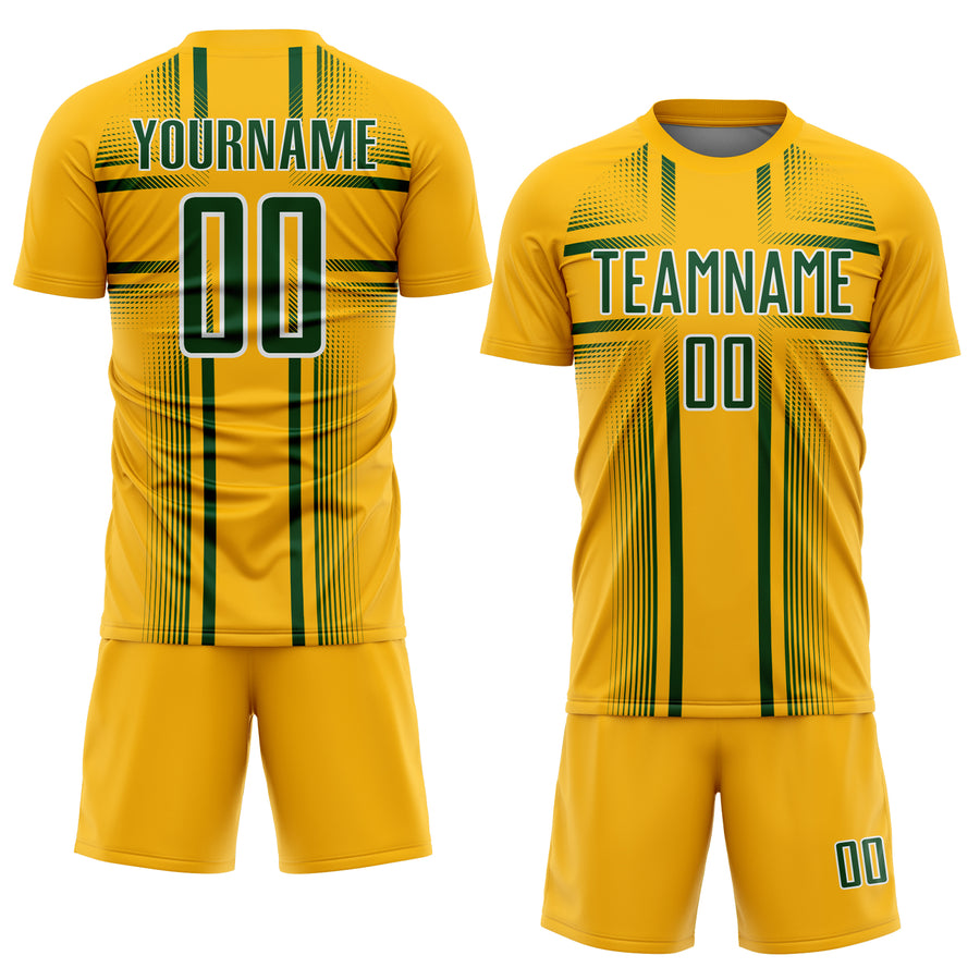 Custom Gold Green-White Lines Sublimation Soccer Uniform Jersey