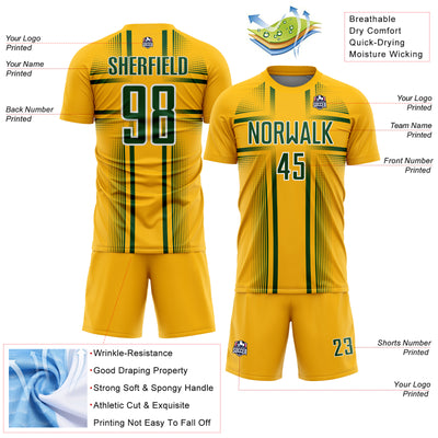Custom Gold Green-White Lines Sublimation Soccer Uniform Jersey