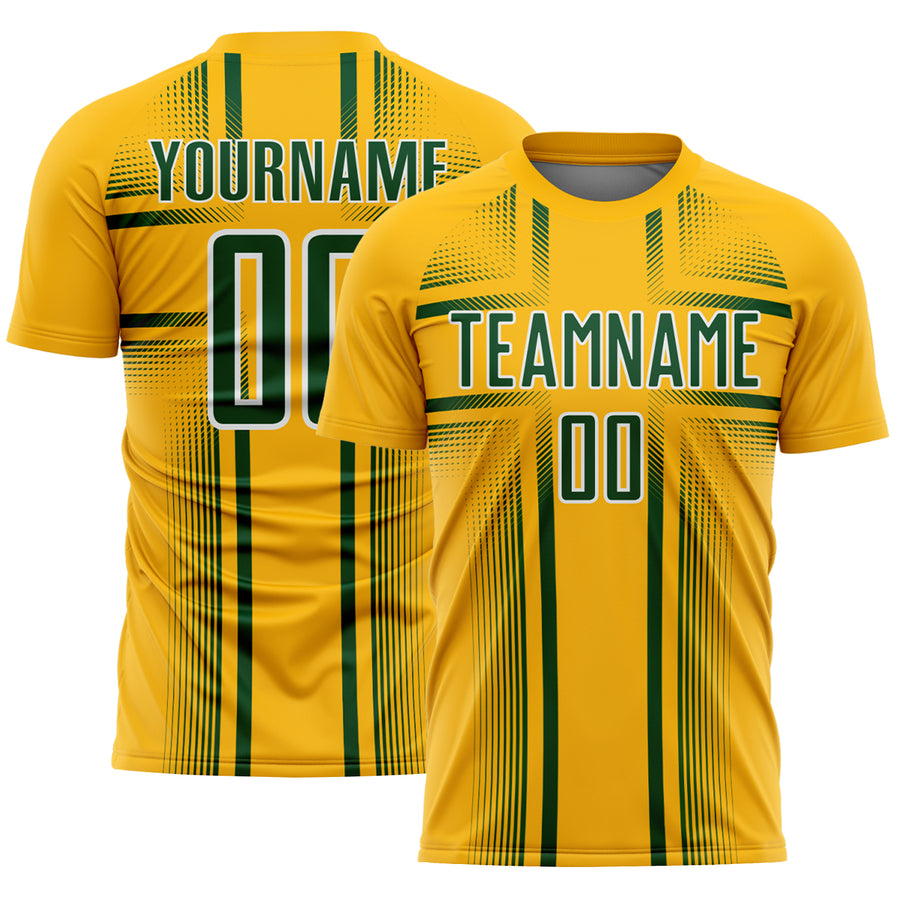 Custom Gold Green-White Lines Sublimation Soccer Uniform Jersey