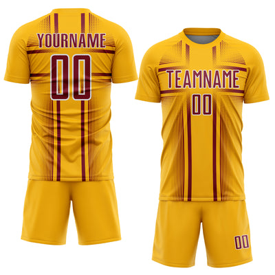 Custom Gold Crimson-White Lines Sublimation Soccer Uniform Jersey