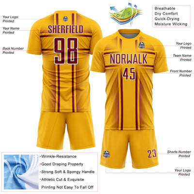 Custom Gold Crimson-White Lines Sublimation Soccer Uniform Jersey