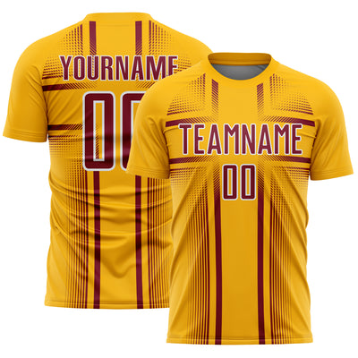 Custom Gold Crimson-White Lines Sublimation Soccer Uniform Jersey