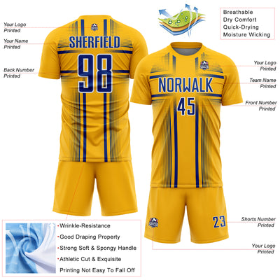 Custom Gold Royal-White Lines Sublimation Soccer Uniform Jersey