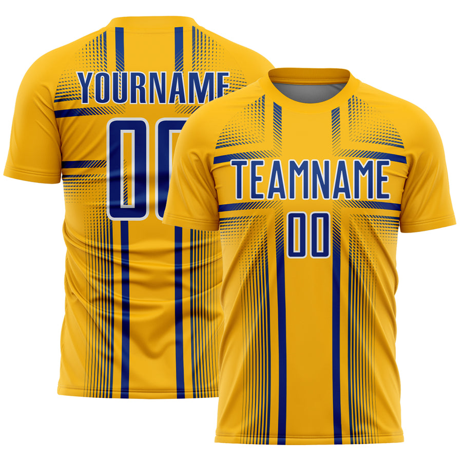 Custom Gold Royal-White Lines Sublimation Soccer Uniform Jersey