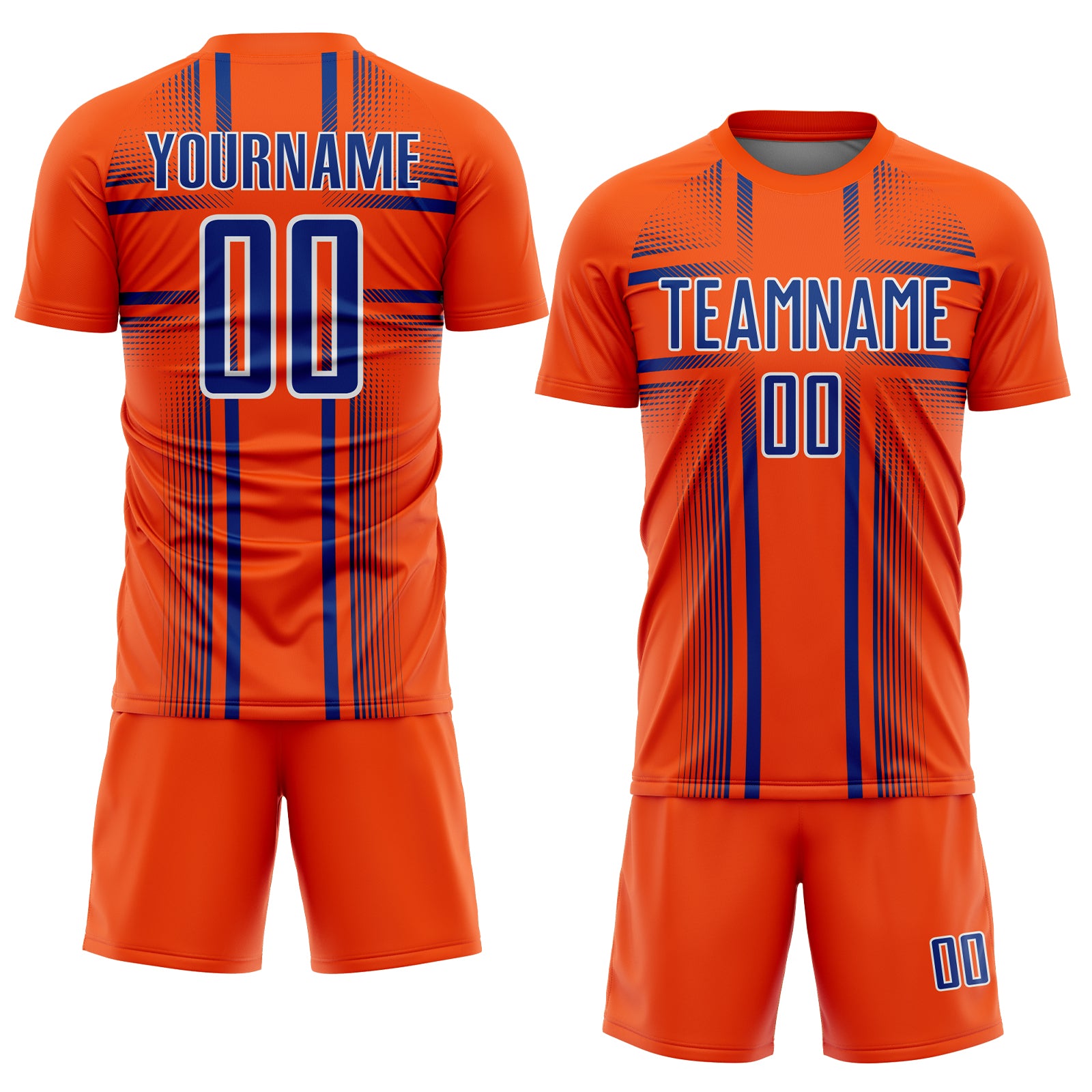 Custom Orange Royal-White Lines Sublimation Soccer Uniform Jersey