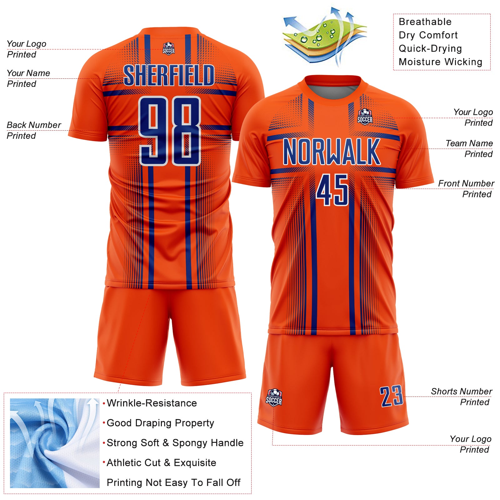 Custom Orange Royal-White Lines Sublimation Soccer Uniform Jersey