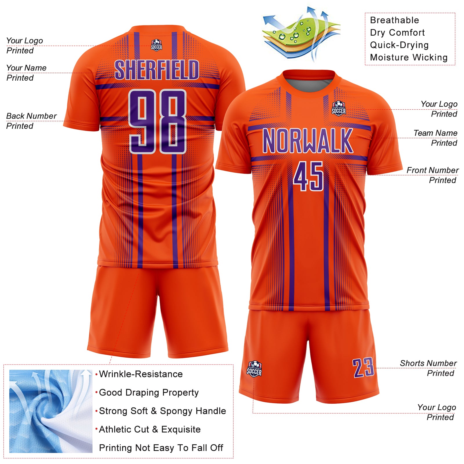 Custom Orange Purple-White Lines Sublimation Soccer Uniform Jersey