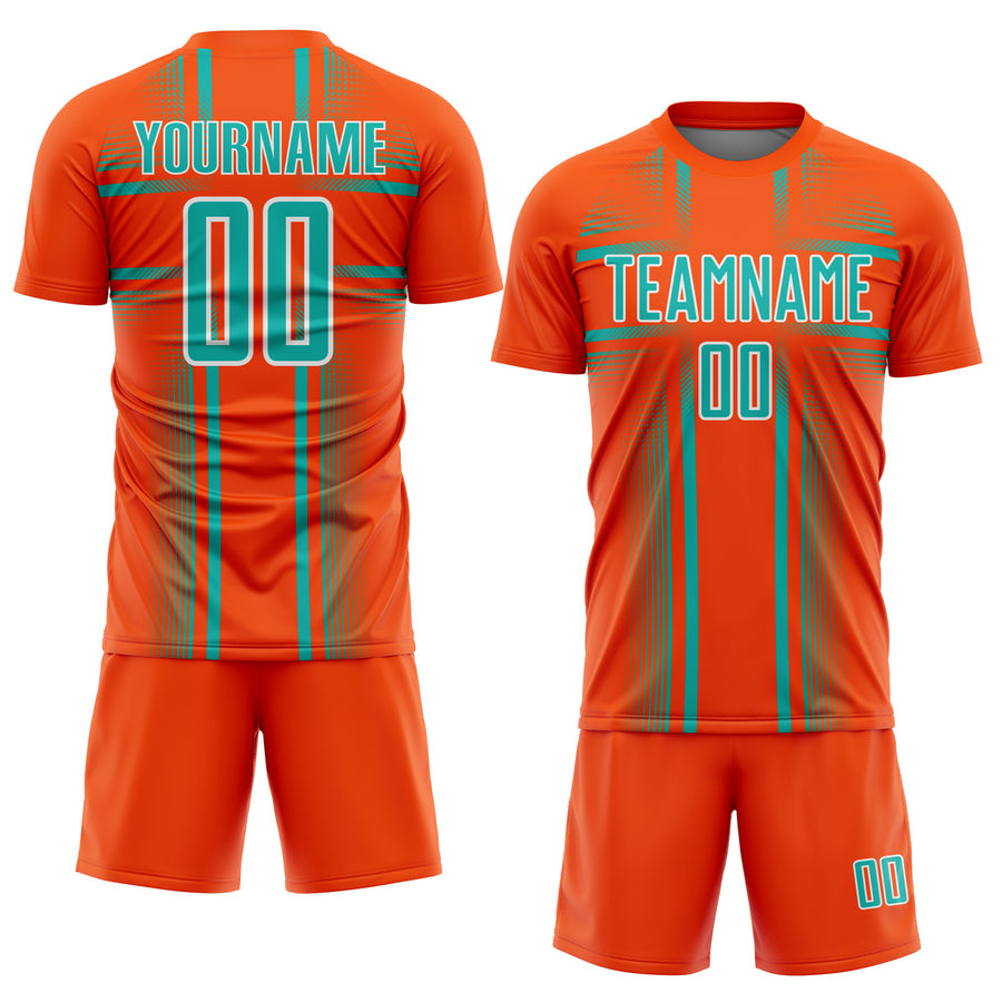 Custom Orange Aqua-White Lines Sublimation Soccer Uniform Jersey